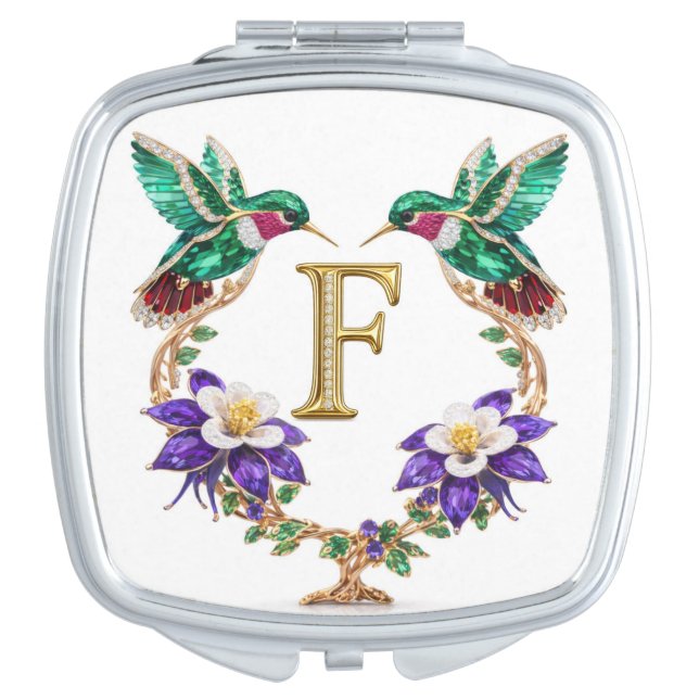 CO Hummingbird & Columbine Letter F Square Wedding Compact Mirror (Front)