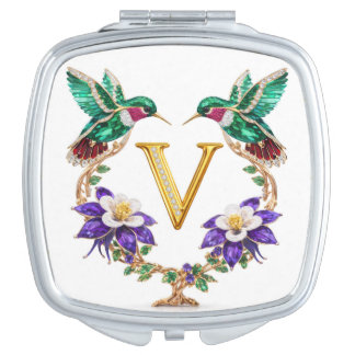 CO Hummingbird & Columbine Letter V Square Wedding Compact Mirror