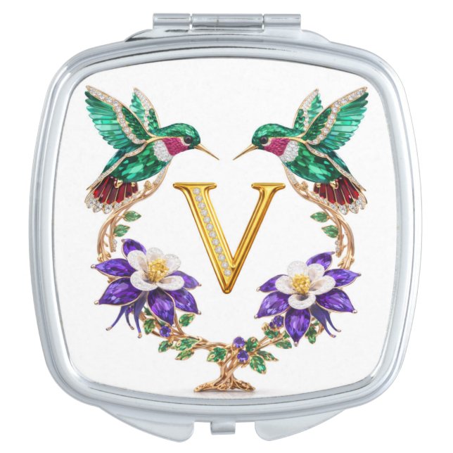 CO Hummingbird & Columbine Letter V Square Wedding Compact Mirror (Front)