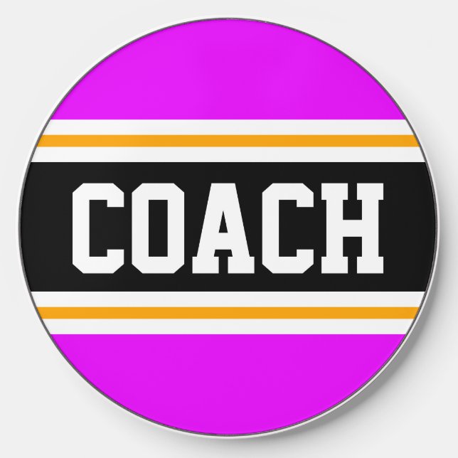 COACH Bold Pink Black White Orange Hockey Stripes Wireless Charger (Front)