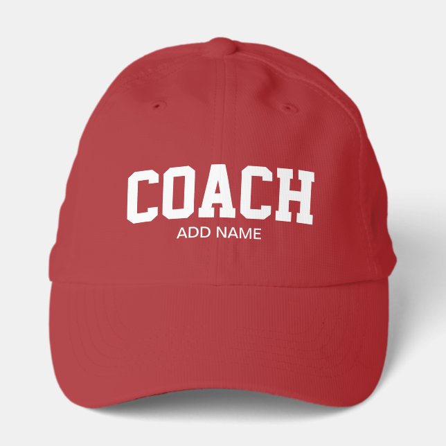 Coach hat. Red sports cap with custom name (Front)