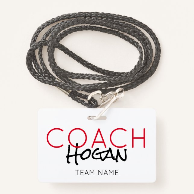 COACH NAME custom text red black Sports Team Badge (Front with Lanyard)