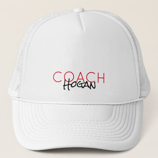 COACH NAME custom text red black Sports Team Trucker Hat (Front)