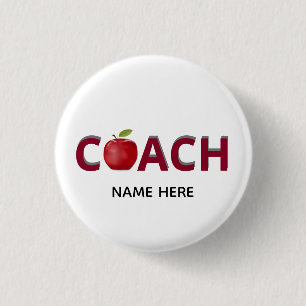 Coach text in burgundy with red apple button