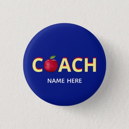 Coach text with red apple on blue button