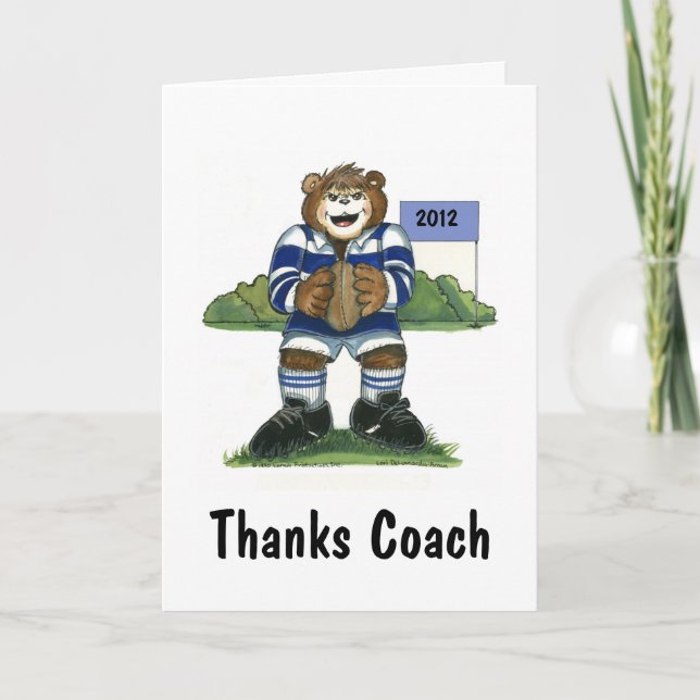 Coach Thank You Card, Rugby Bear in Blue (Front)