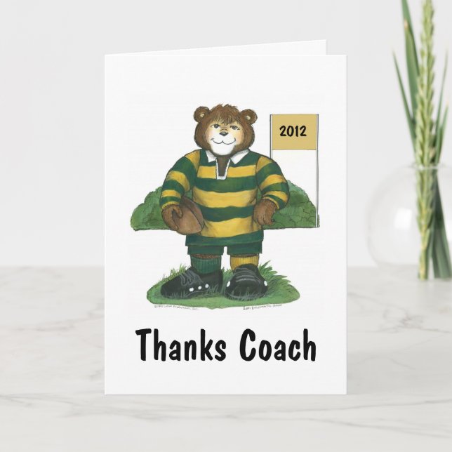 Coach Thank You Card, Rugby Bear in Green and Gold (Front)