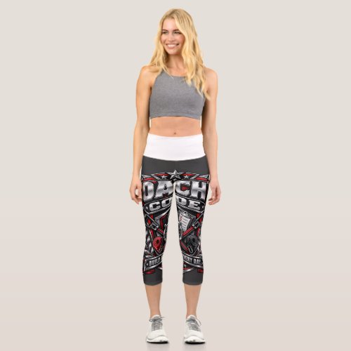 Coach's Code Metallic Fitness Emblem Logo Design Capri Leggings