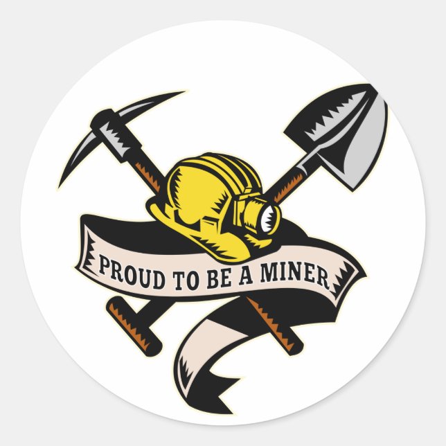 coal miner hat shovel spade pickax scroll classic round sticker (Front)