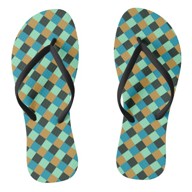Coal Ochre Teal Green Blue Plaid Flip Flops (Footbed)