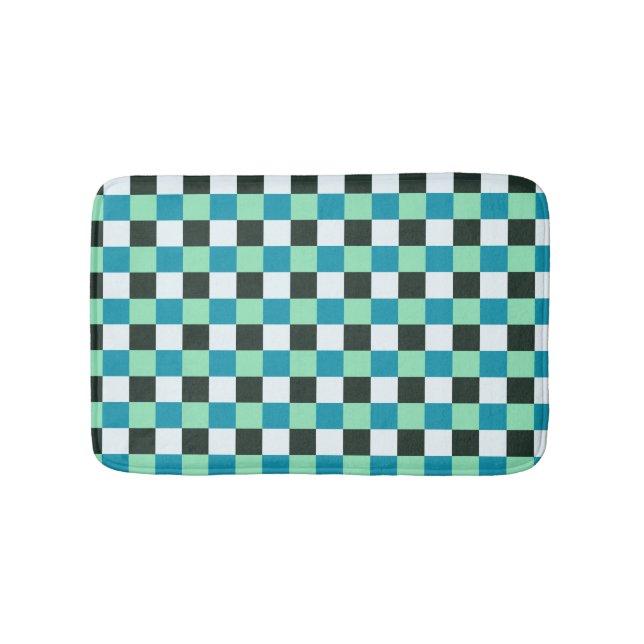 Coal White Teal Green Blue Aqua Turquoise Plaid Bath Mat (Front)