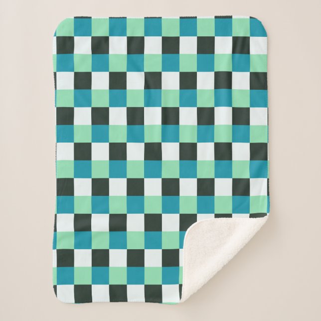 Coal White Teal Green Blue Aqua Turquoise Plaid Sherpa Blanket (Front)