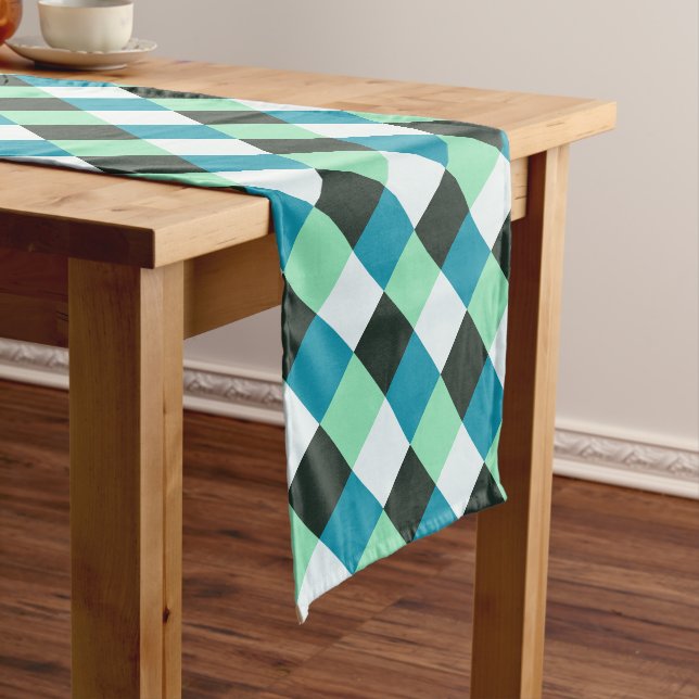 Coal White Teal Green Blue Aqua Turquoise Plaid Short Table Runner (In Situ)