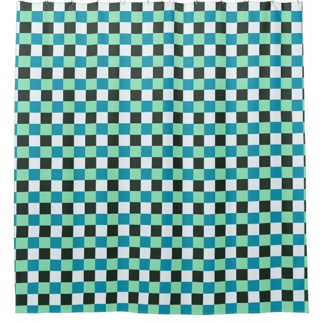 Coal White Teal Green Blue Aqua Turquoise Plaid Shower Curtain (Front)