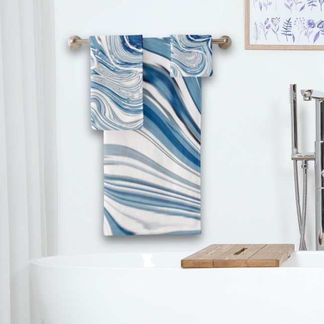 coast beach nautical waves watercolor blue swirls bath towel set (Creator Uploaded)