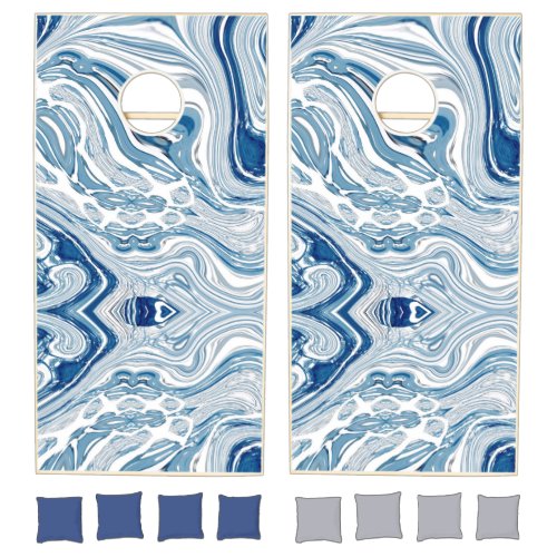 coast beach nautical waves watercolor blue swirls cornhole set