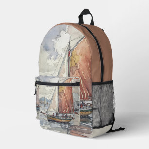 Coast Sailboat Watercolor Scene Printed Backpack