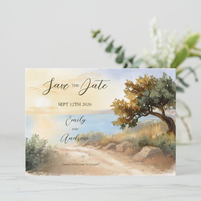Coast Watercolor Sunset Mediterranean Full Wedding Save The Date (Standing Front)