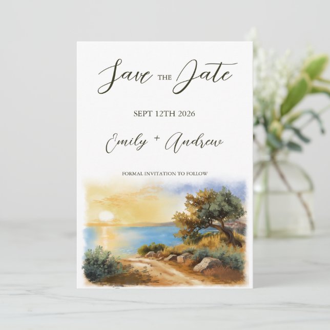 Coast Watercolor Sunset Mediterranean Half Wedding Save The Date (Standing Front)