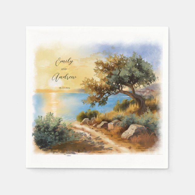 Coast Watercolor Sunset Mediterranean Wedding Napkins (Front)