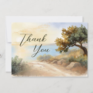 Coast Watercolor Sunset Mediterranean Wedding Thank You Card