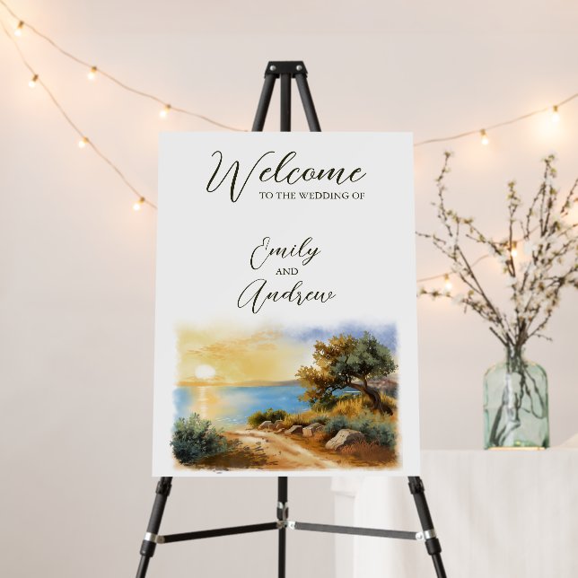 Coast Watercolor Sunset Mediterranean Welcome  Foam Board (In Situ (Stand))