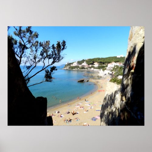 Coast with beach and hotels Digital art painting Poster