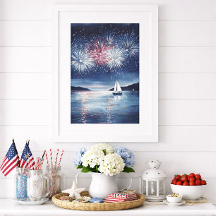 Coastal 4th of July Fireworks Sailboat Wall Art