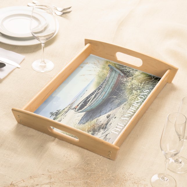 Coastal Abandoned Row Boat Personalized Serving Tray (Front)