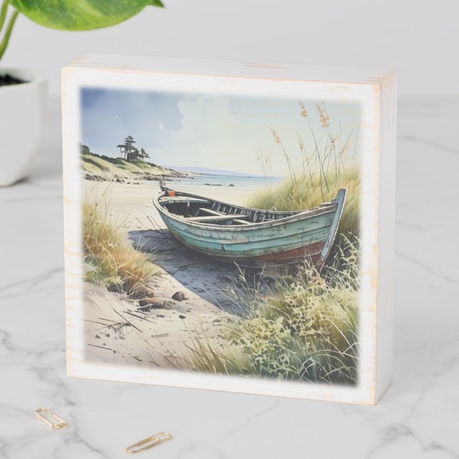 Coastal Abandoned Row Boat Wooden Box Sign (In Situ Horizontal)