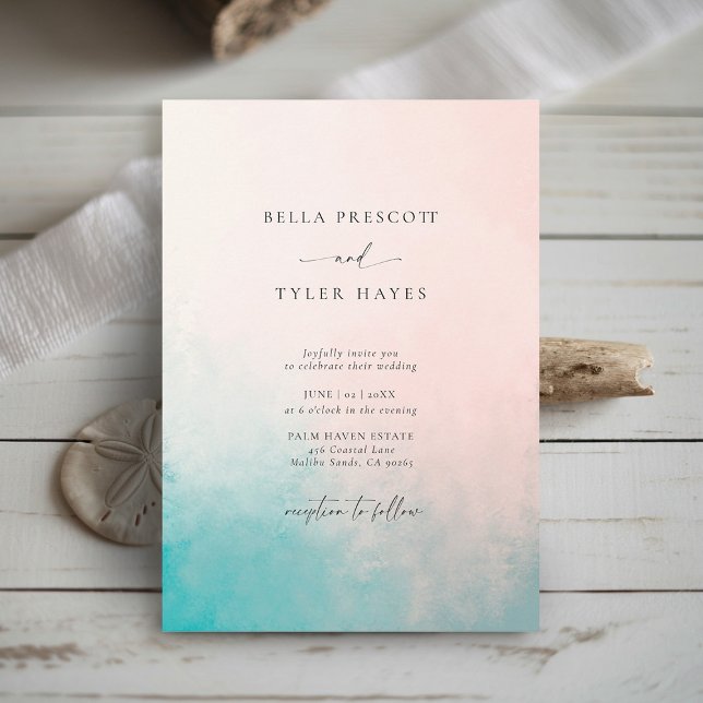Coastal Abstract Coral Blue Ocean Elegant Wedding Invitation (Coastal Wedding Invitation Coral Teal Modern Abstract Minimalist Elegant Beach Ocean Tropical Chic)