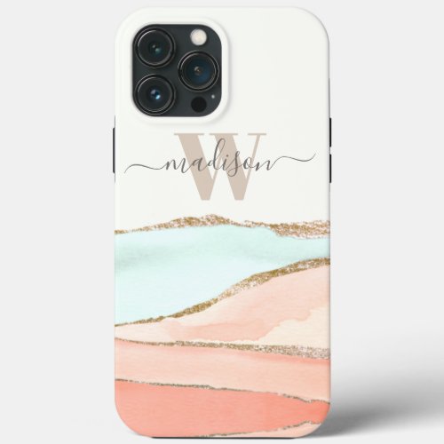 Coastal Abstract Watercolor with Name and Monogram iPhone 13 Pro Max Case