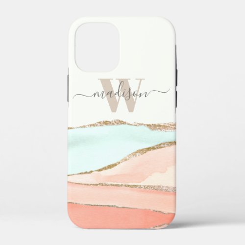 Coastal Abstract Watercolor with Name and Monogram iPhone 12 Mini Case
