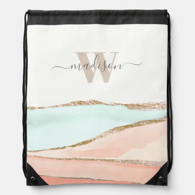 Coastal Abstract Watercolor with Name and Monogram Drawstring Bag (Front)