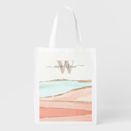 Coastal Abstract Watercolor with Name and Monogram Grocery Bag