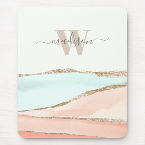 Coastal Abstract Watercolor with Name and Monogram Mouse Pad