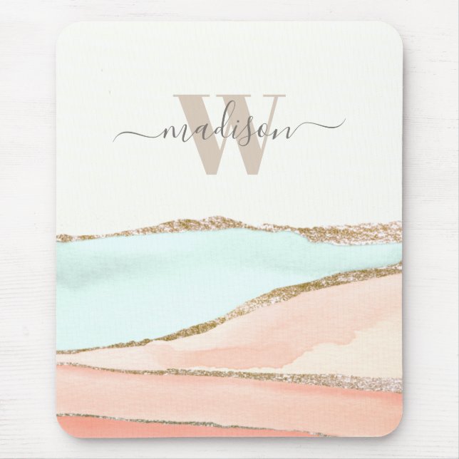 Coastal Abstract Watercolor with Name and Monogram Mouse Pad (Front)