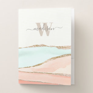 Coastal Abstract Watercolor with Name and Monogram Pocket Folder