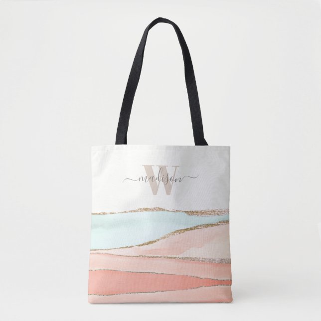 Coastal Abstract Watercolor with Name and Monogram Tote Bag (Front)