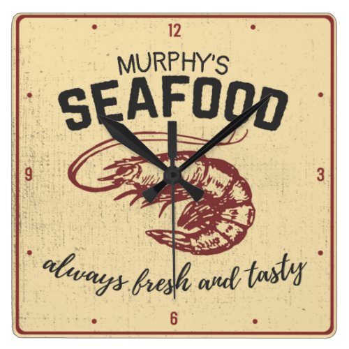 Coastal ADD NAME Saltwater Shrimp Seafood Diner Square Wall Clock