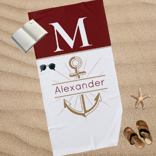 Coastal Anchor Burgundy Maroon Nautical Beach Towel