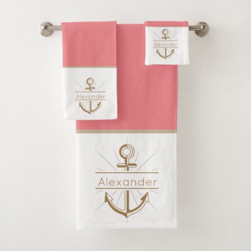 Coastal Anchor Coral Peach Nautical Bath Towel Set