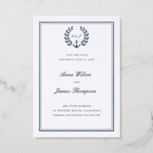 Coastal Anchor Crest Nautical Wedding Save Date Letterpress Photo Cards