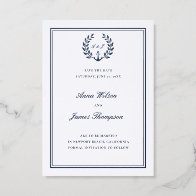 Coastal Anchor Crest Nautical Wedding Save Date Letterpress Photo Cards (Front)