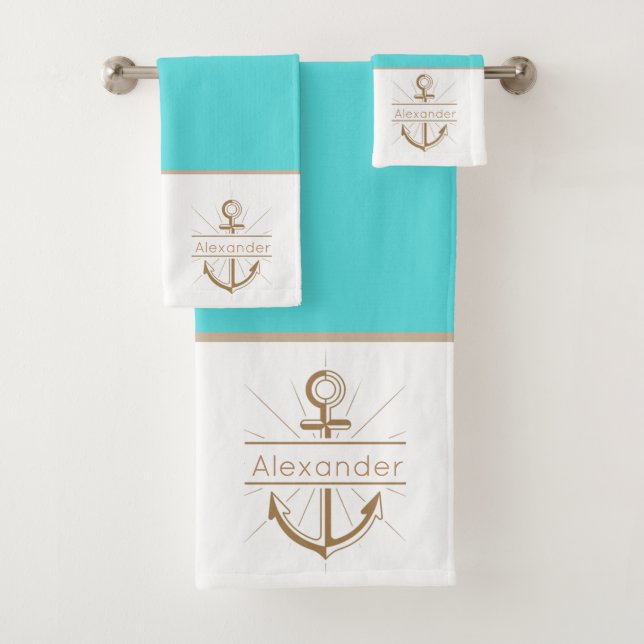 Coastal Anchor Teal Turquoise Blue Nautical Bath Towel Set (Insitu)