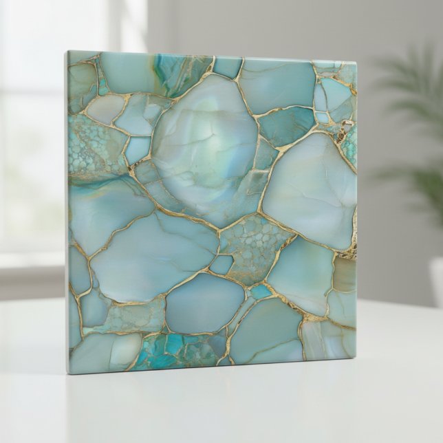 Coastal Aqua Agate Gold Mosaic Ceramic Tile (Creator Uploaded)