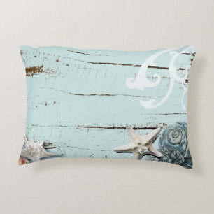 Coastal aqua blue beach wood starfish seashell accent pillow