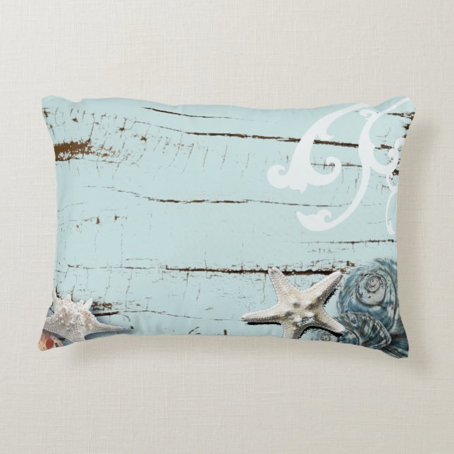 Coastal aqua blue beach wood starfish seashell accent pillow (Back)