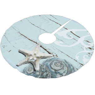Coastal aqua blue beach wood starfish seashell brushed polyester tree skirt