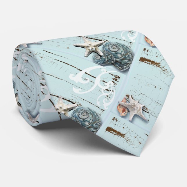 Coastal aqua blue beach wood starfish seashell neck tie (Rolled)